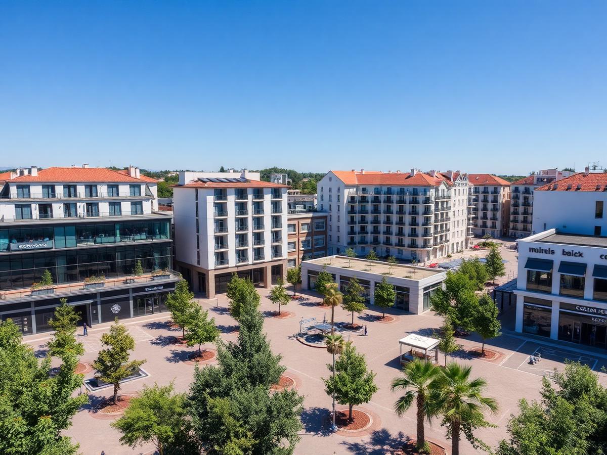 Aerial view of a mixed-use development with landscaped public squares