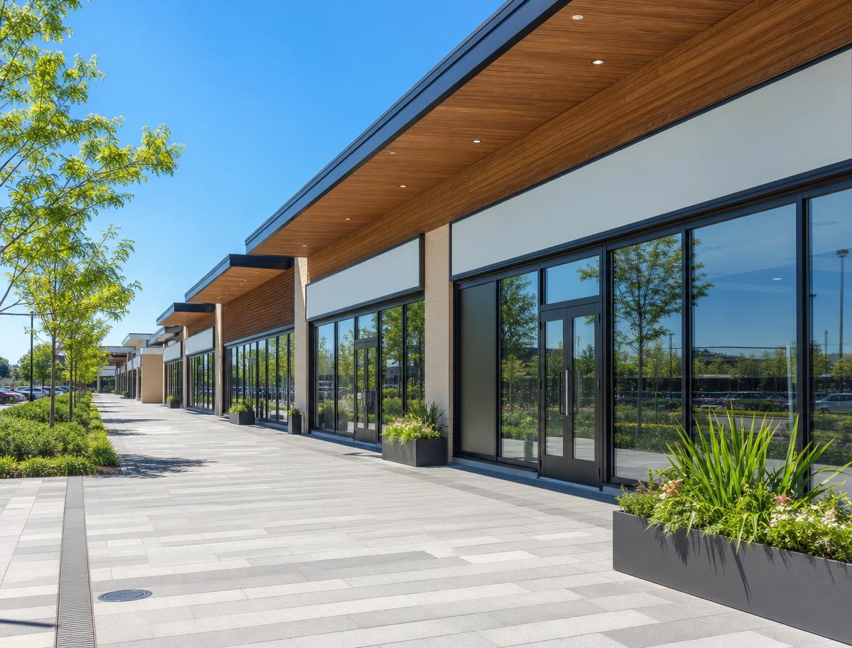 Contemporary retail park parade with landscaped planting in bright daylight