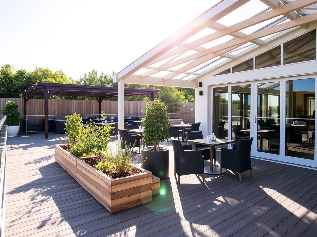 Bright terrace of a contemporary leisure and hospitality destination